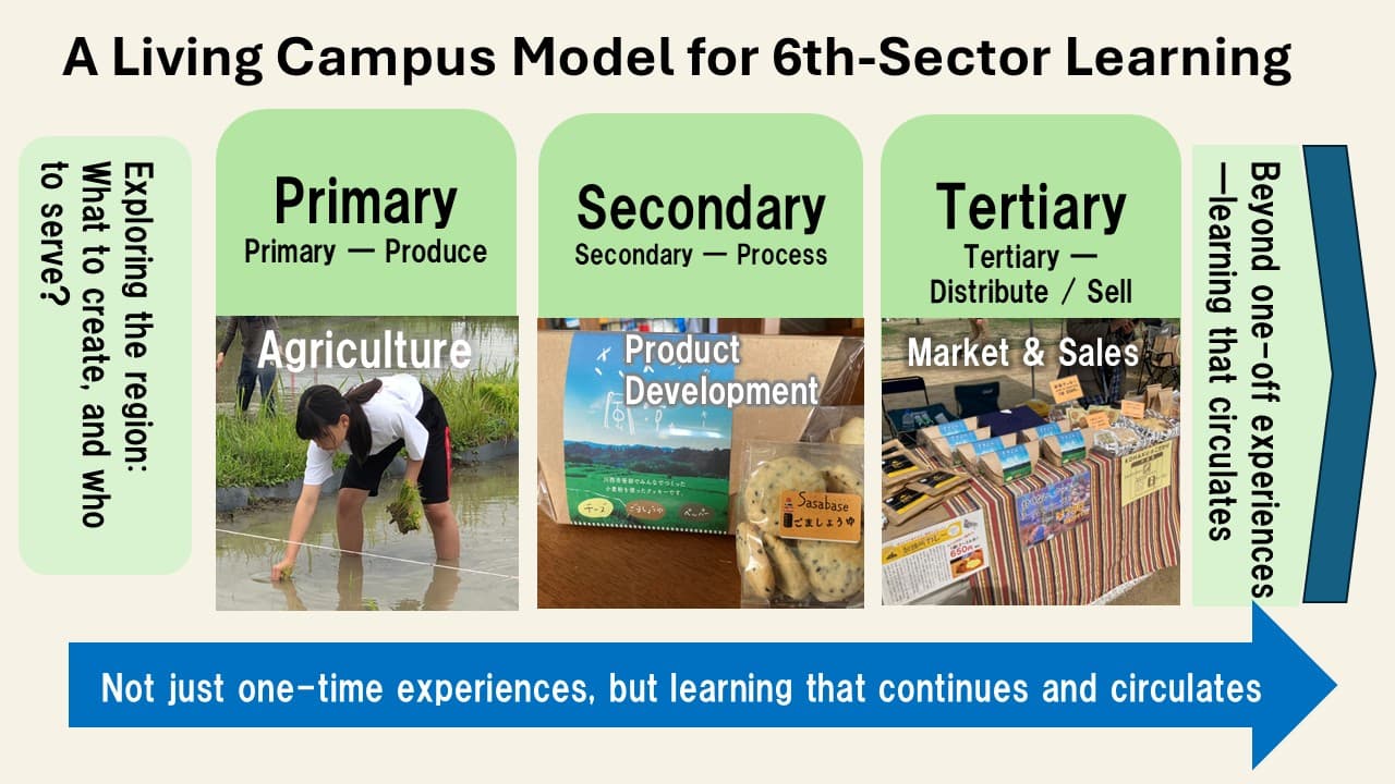 A Living Campus Model for 6th-Sector Learning — diagram showing Primary, Secondary, and Tertiary stages